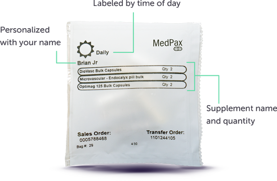 A MedPax packet labeled by time of day, personalized with your name and showing the supplement name and quantity.